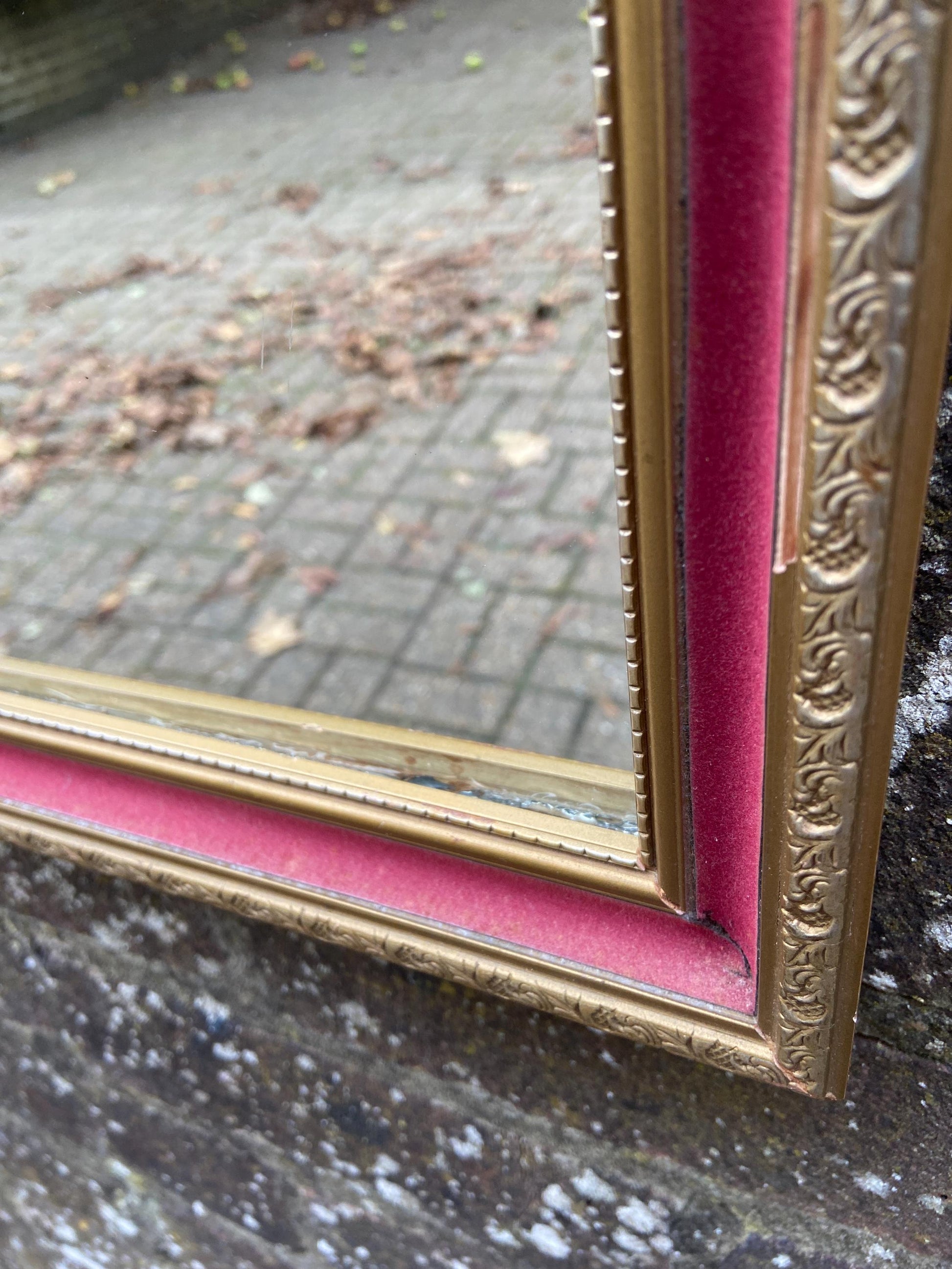 Pretty vintage vanity mirror with pink velvet and gilt finish