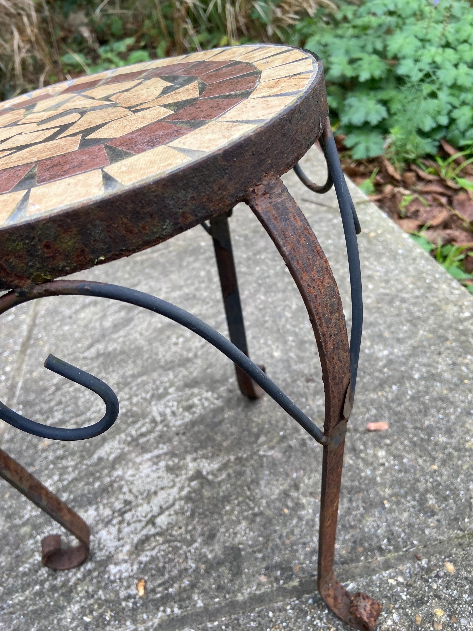 Vintage small to medium sized wrought iron metal table with tiled mosaic top - indoor or outdoor plant stand