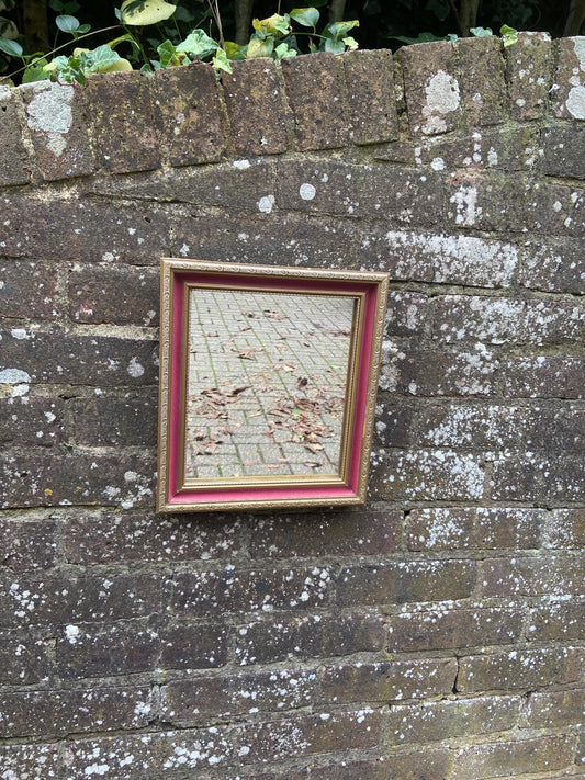 pretty vanity mirror with gold and velvet frame. bedroom or bathroom vintage mirror. small vintage mirror. vintage wall mirror