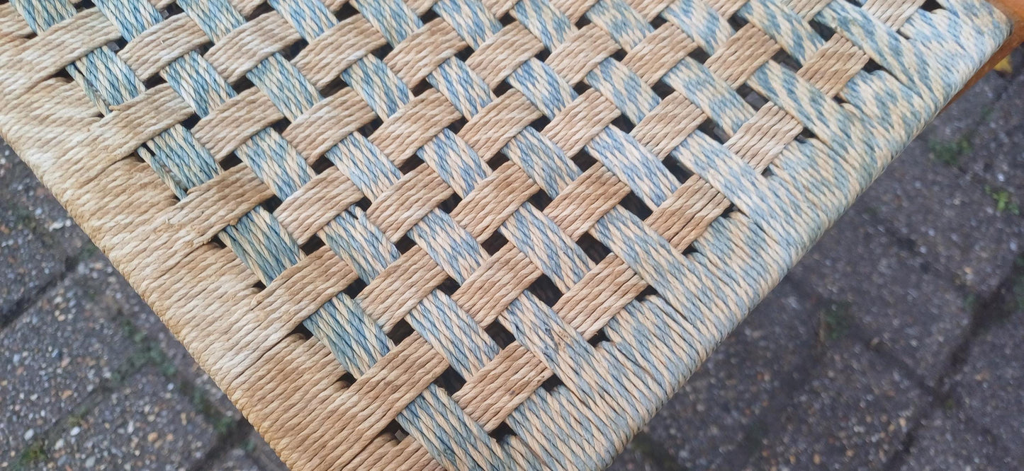 Tall Retro Vintage Woven String Strung Beech Framed Stool Age Worn