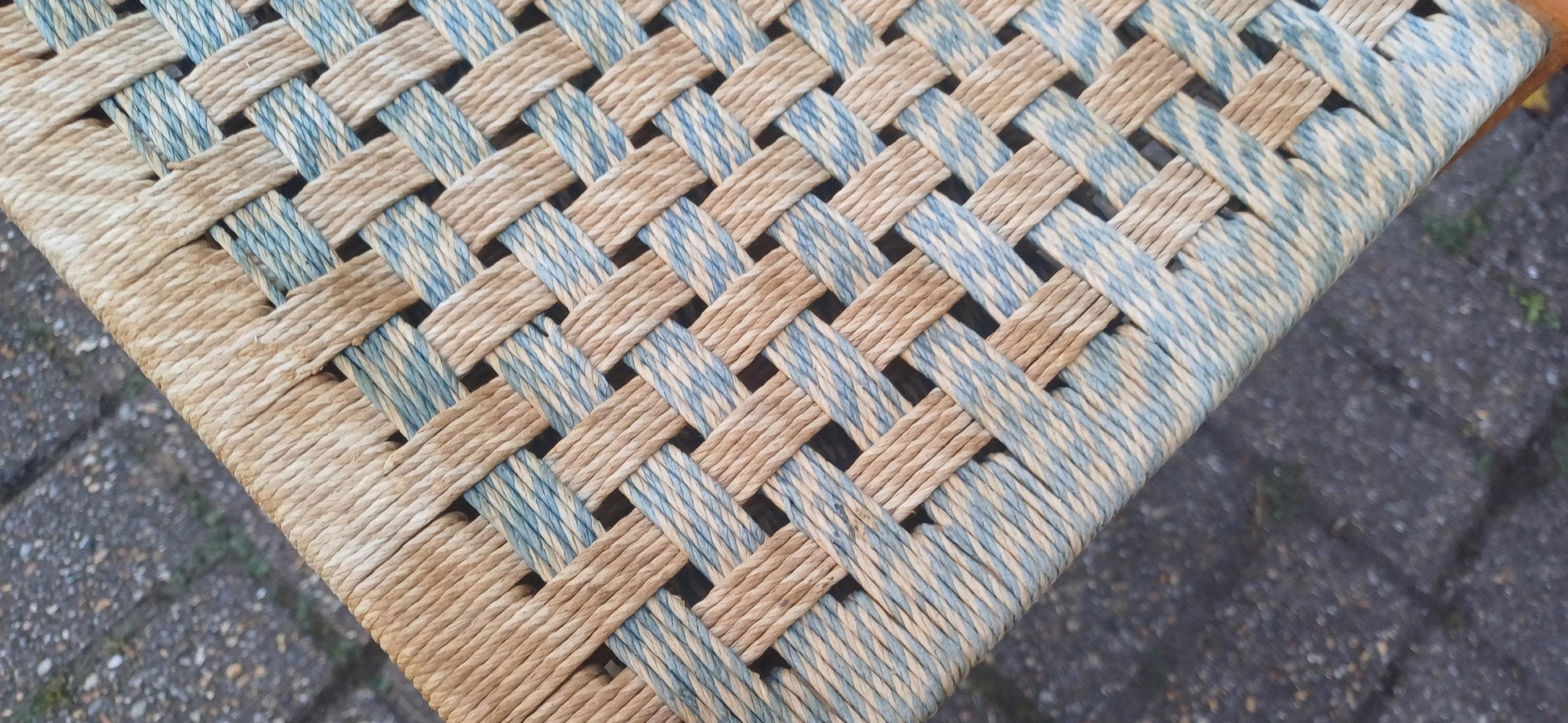 Tall Retro Vintage Woven String Strung Beech Framed Stool Age Worn