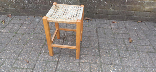 Tall Retro Vintage Woven String Strung Beech Framed Stool Age Worn