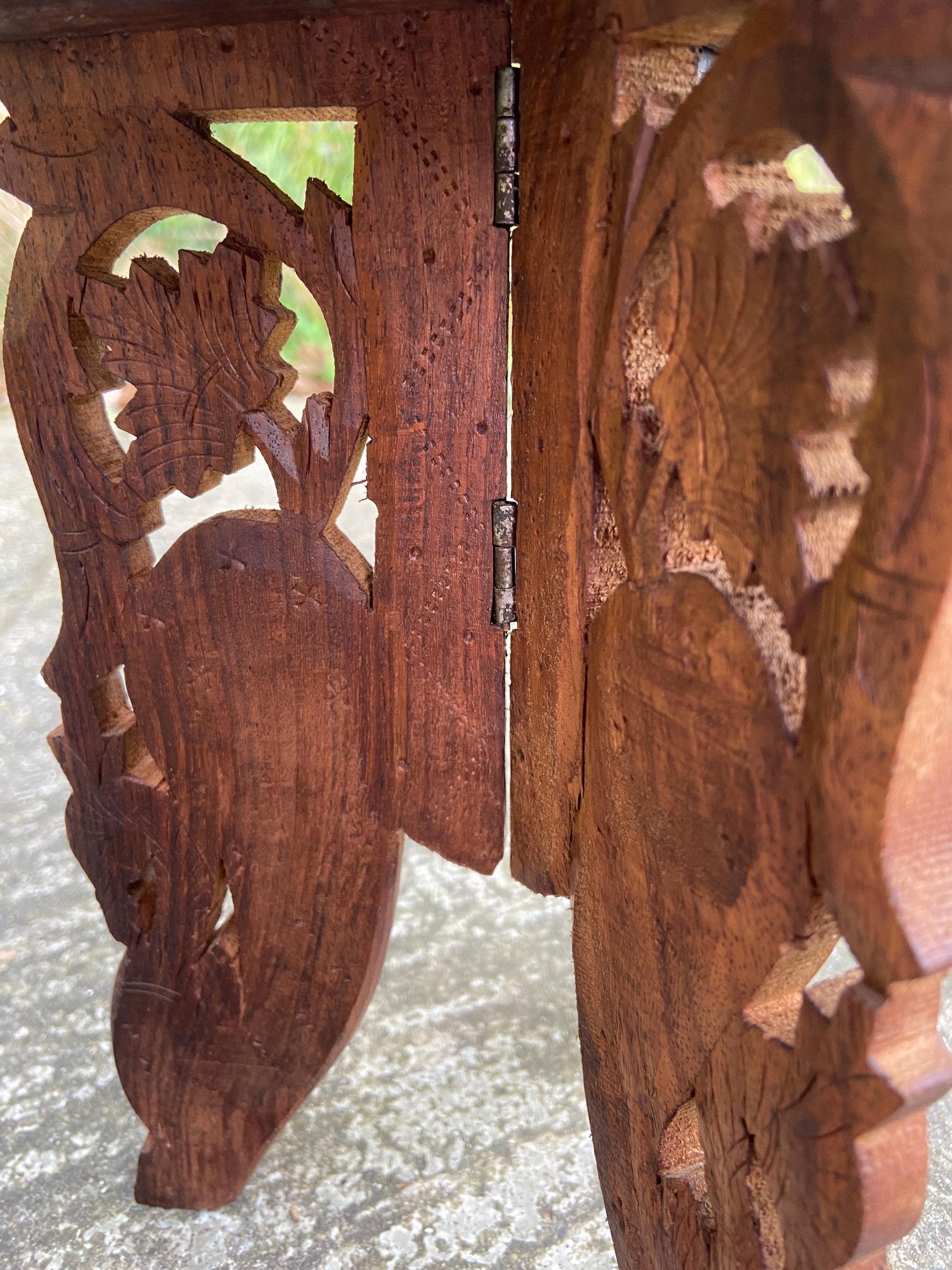 Dinky carved vintage wooden table, folding table, plant stand