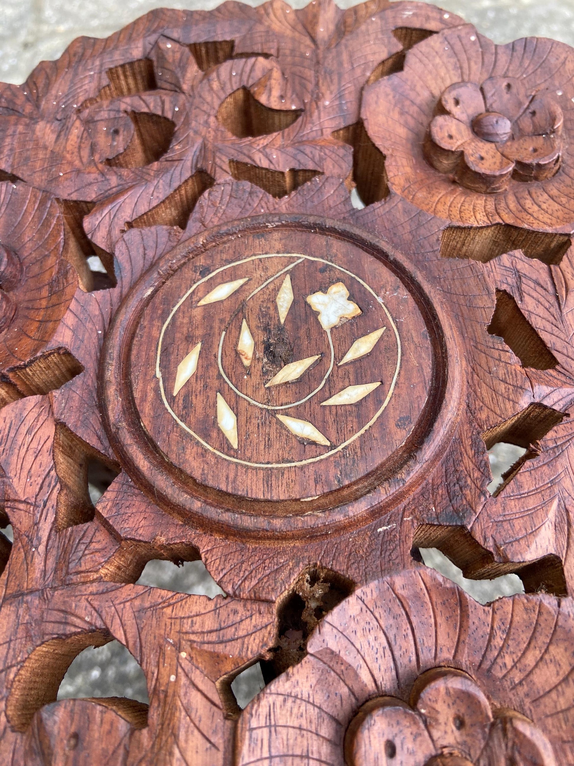 Dinky carved vintage wooden table, folding table, plant stand