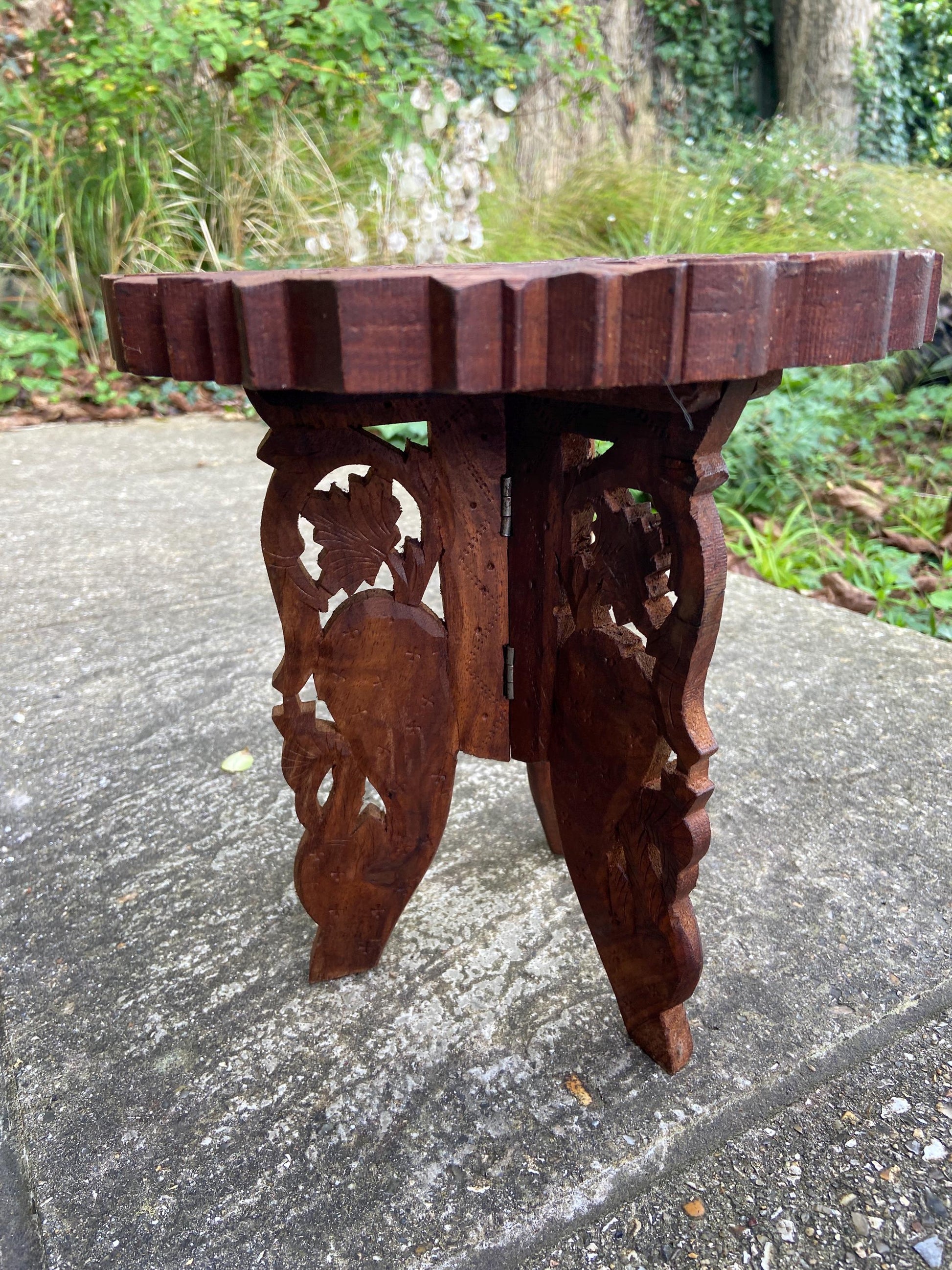 Dinky carved vintage wooden table, folding table, plant stand