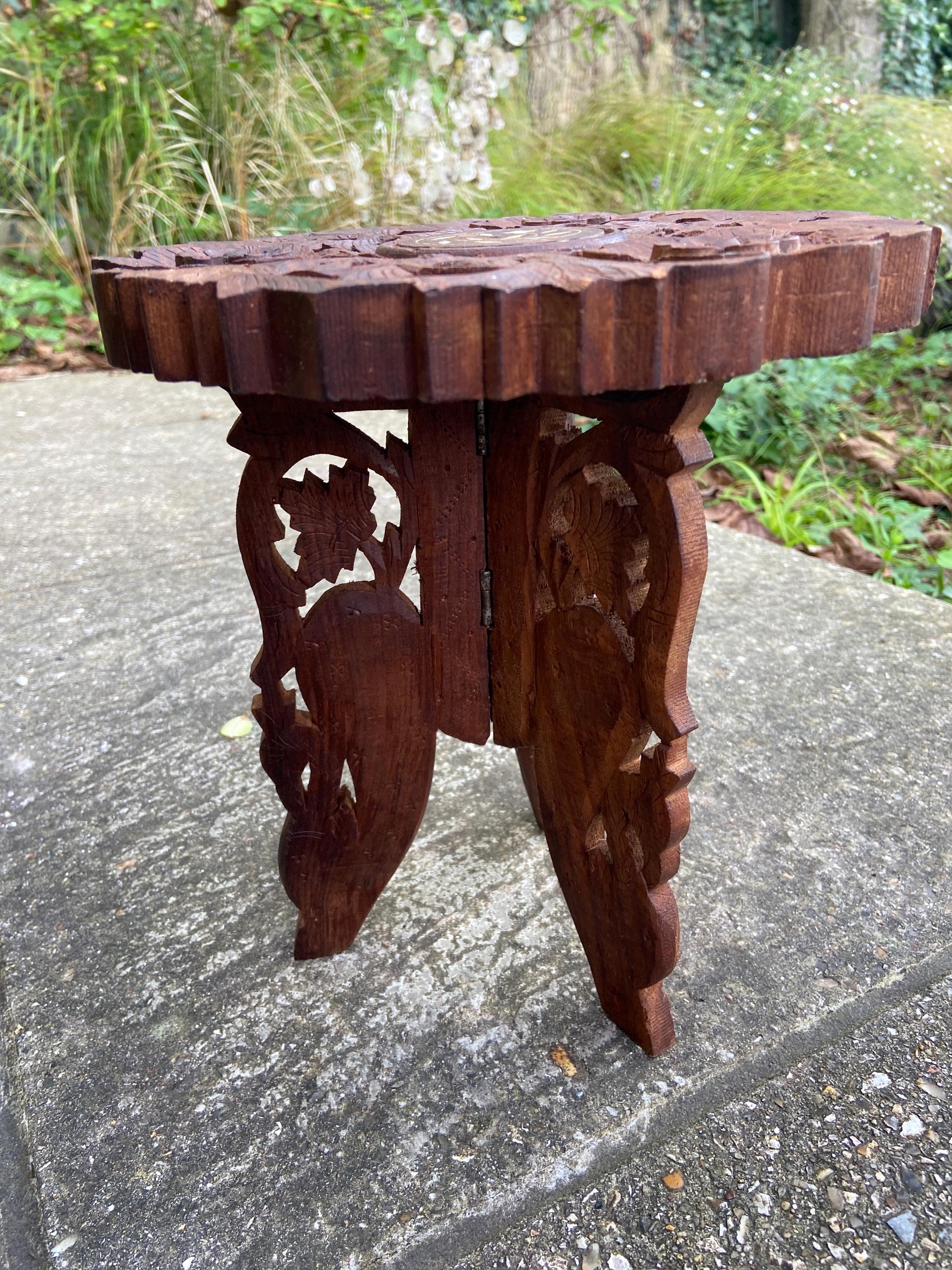 Dinky carved vintage wooden table, folding table, plant stand