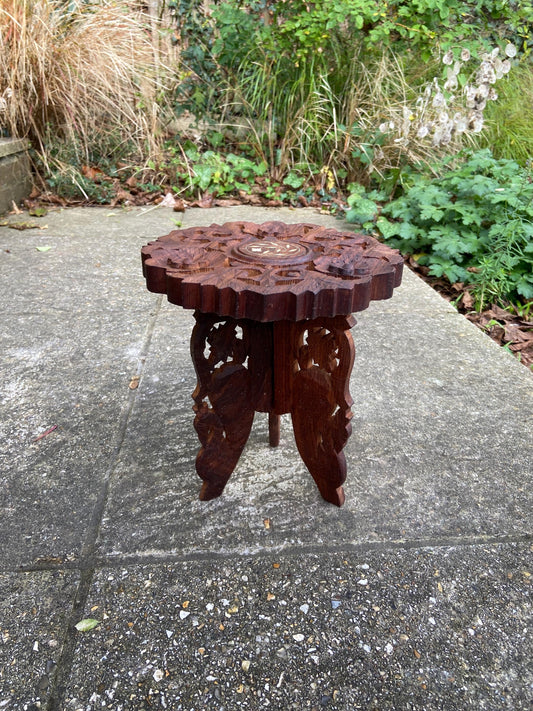 very small plant stand. small end table,coffee table, small plant stand. asian carved table. folding table