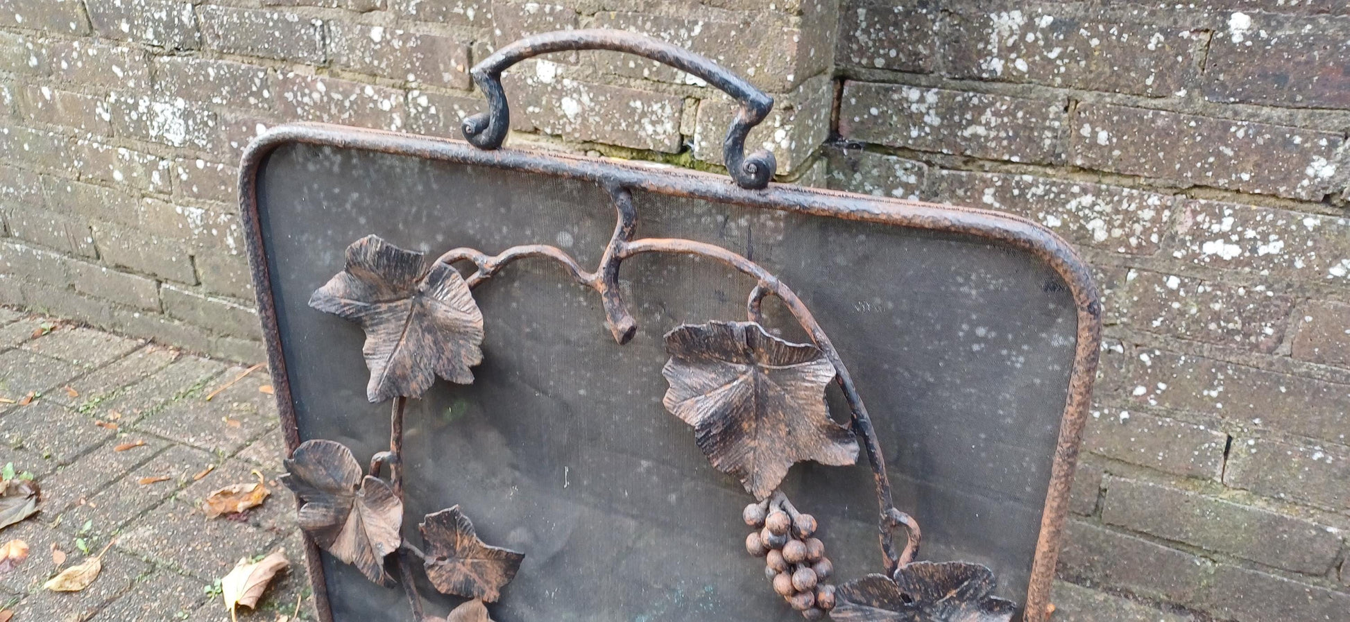Vintage 70s Age Worn Rustic Iron and Mesh Decorative Fire Screen Grape Decoration.