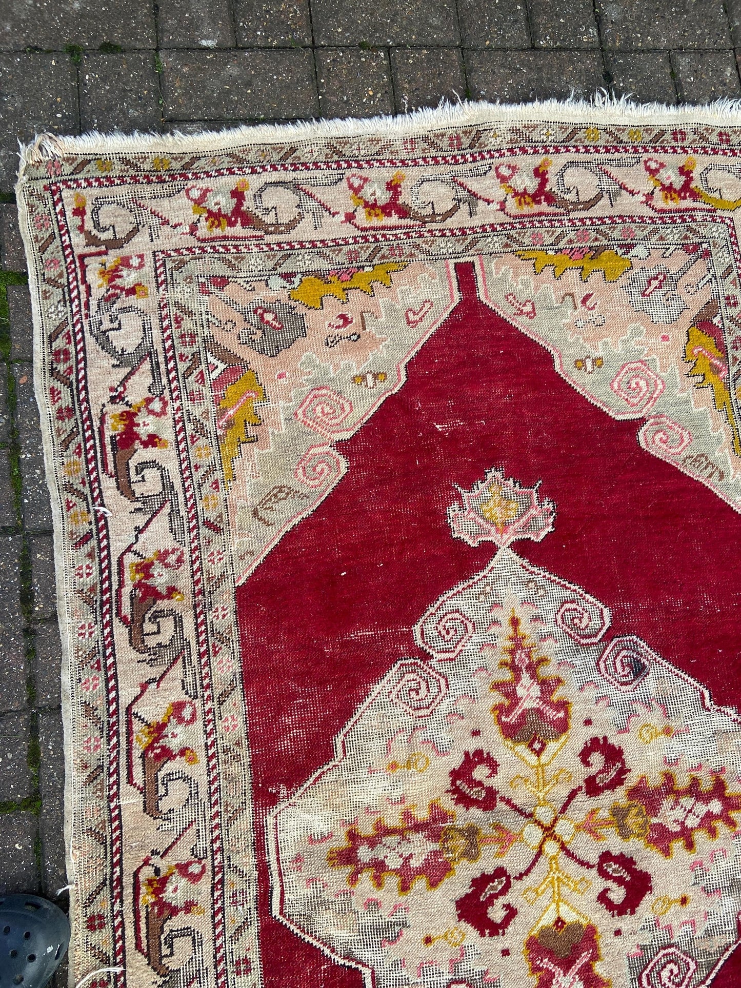 Vintage woollen rug, aged and charming, pinks reds golds (170cm x 106cm)