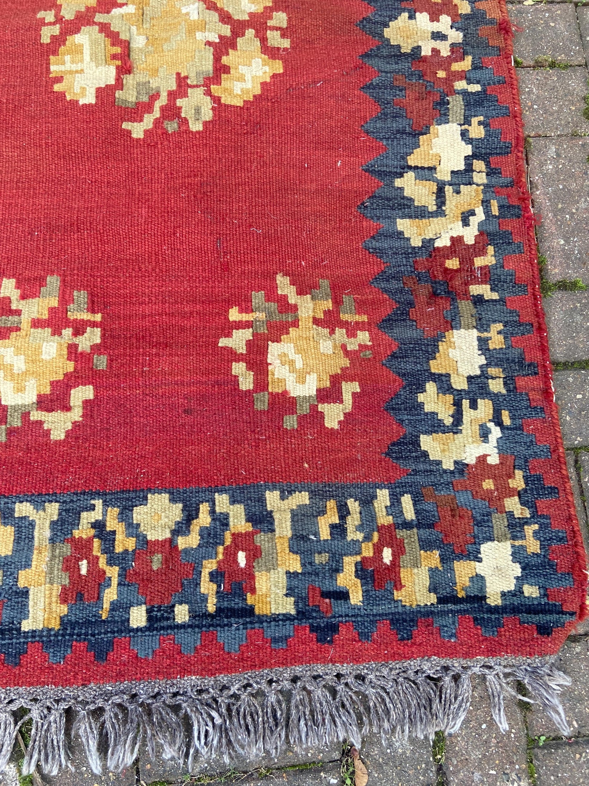 Vintage large kilim rug in red, dark blue/black - character rug 144cm x 89cm