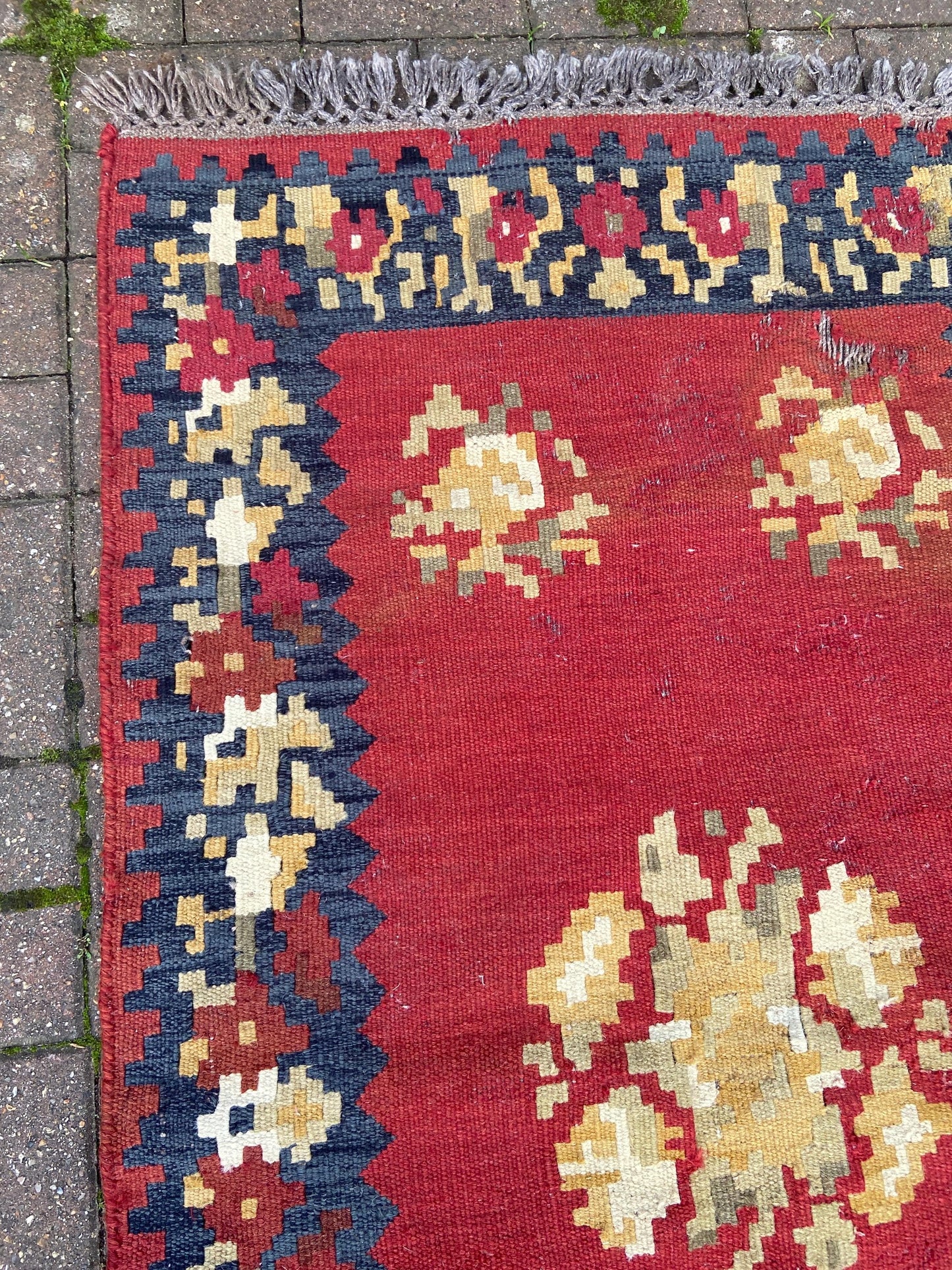 Vintage large kilim rug in red, dark blue/black - character rug 144cm x 89cm