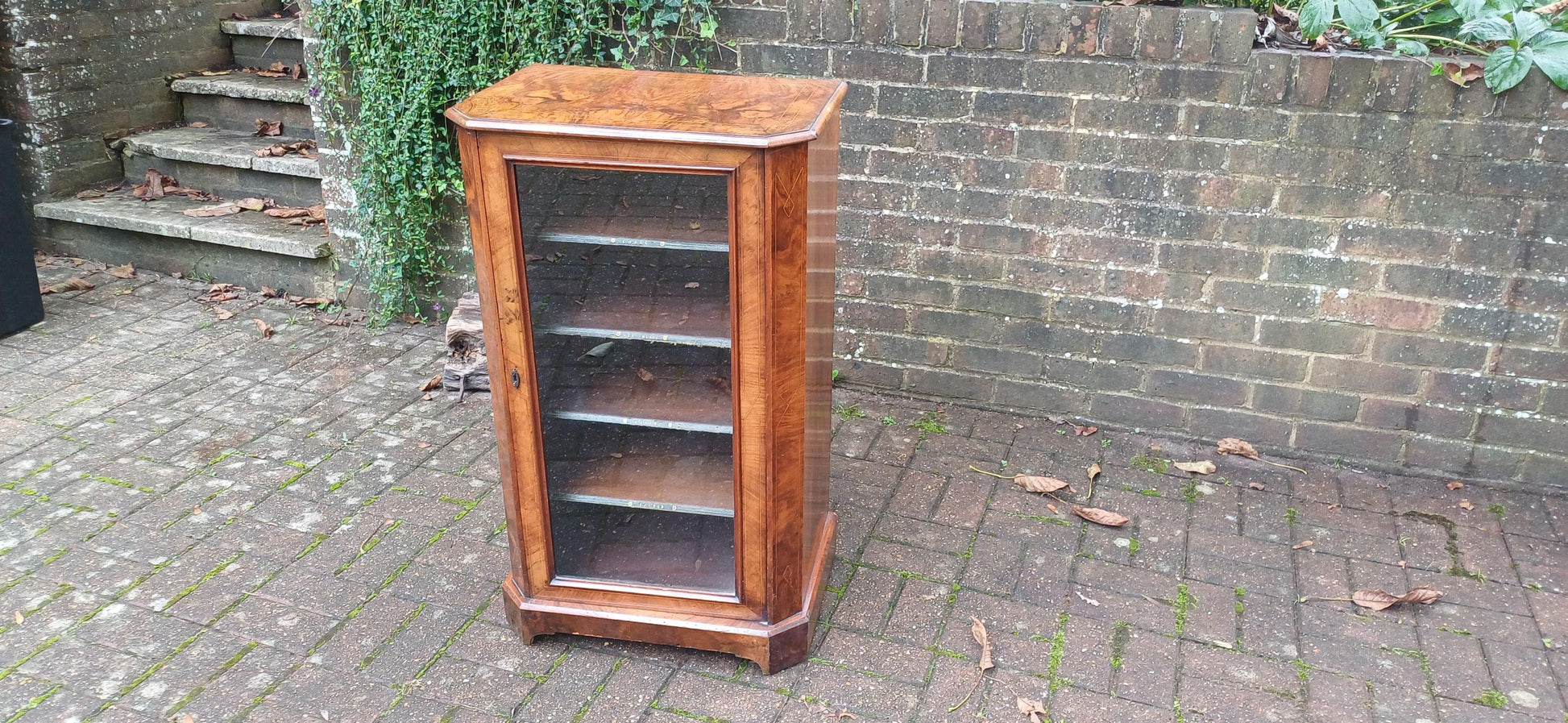 Amazing Quality Vintage Victorian Walnut and Inlaid Glazed Cupboard Former Music Sheet Storage Adjustable Shelf Configuration.