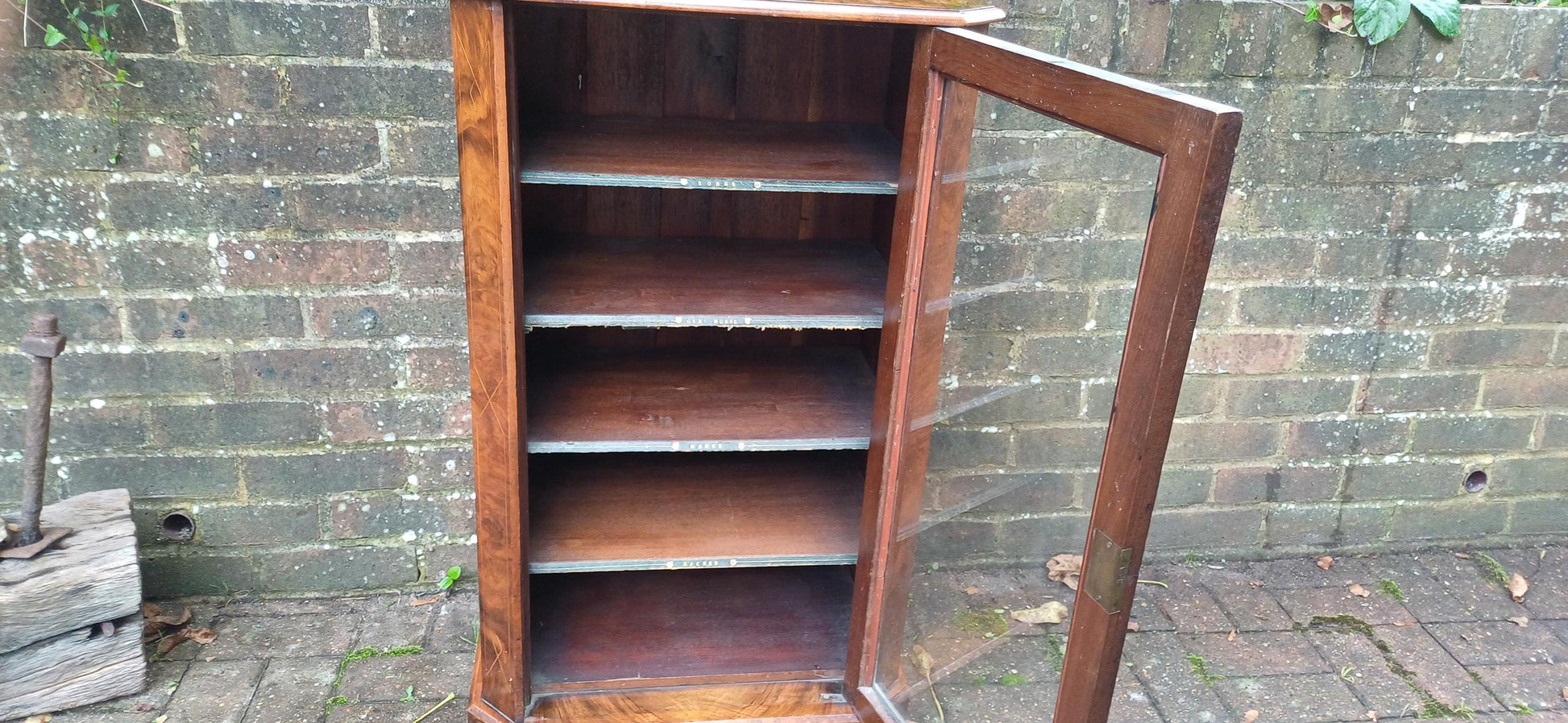Amazing Quality Vintage Victorian Walnut and Inlaid Glazed Cupboard Former Music Sheet Storage Adjustable Shelf Configuration.