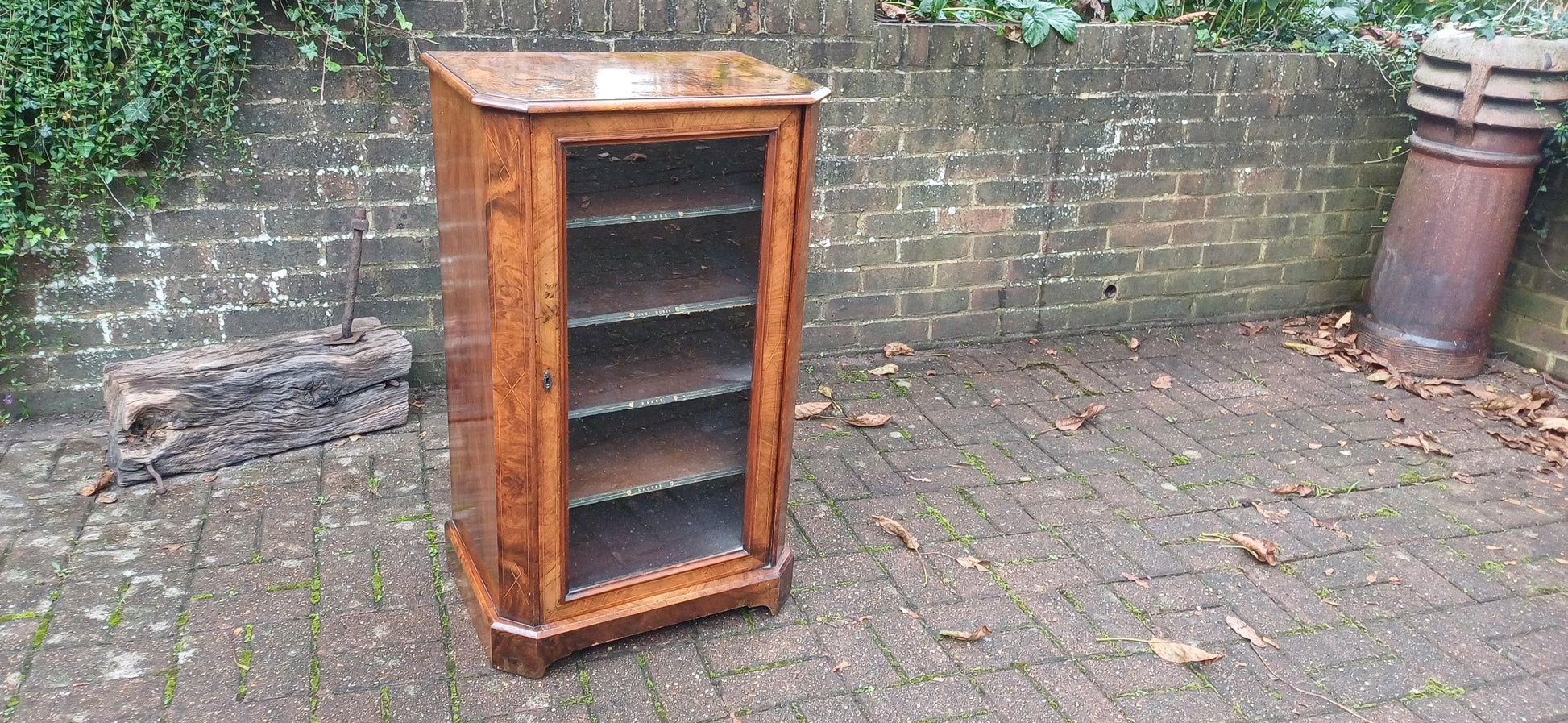 Amazing Quality Vintage Victorian Walnut and Inlaid Glazed Cupboard Former Music Sheet Storage Adjustable Shelf Configuration.