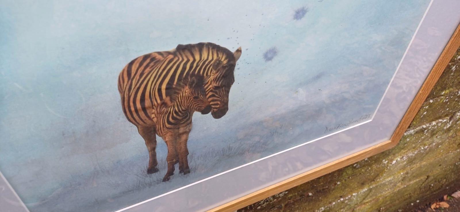 ZEBRA Large original mixed media painting of Two Zebras titled Reunited, watercolour & collage, professionally framed (Dorothea Huntrods)