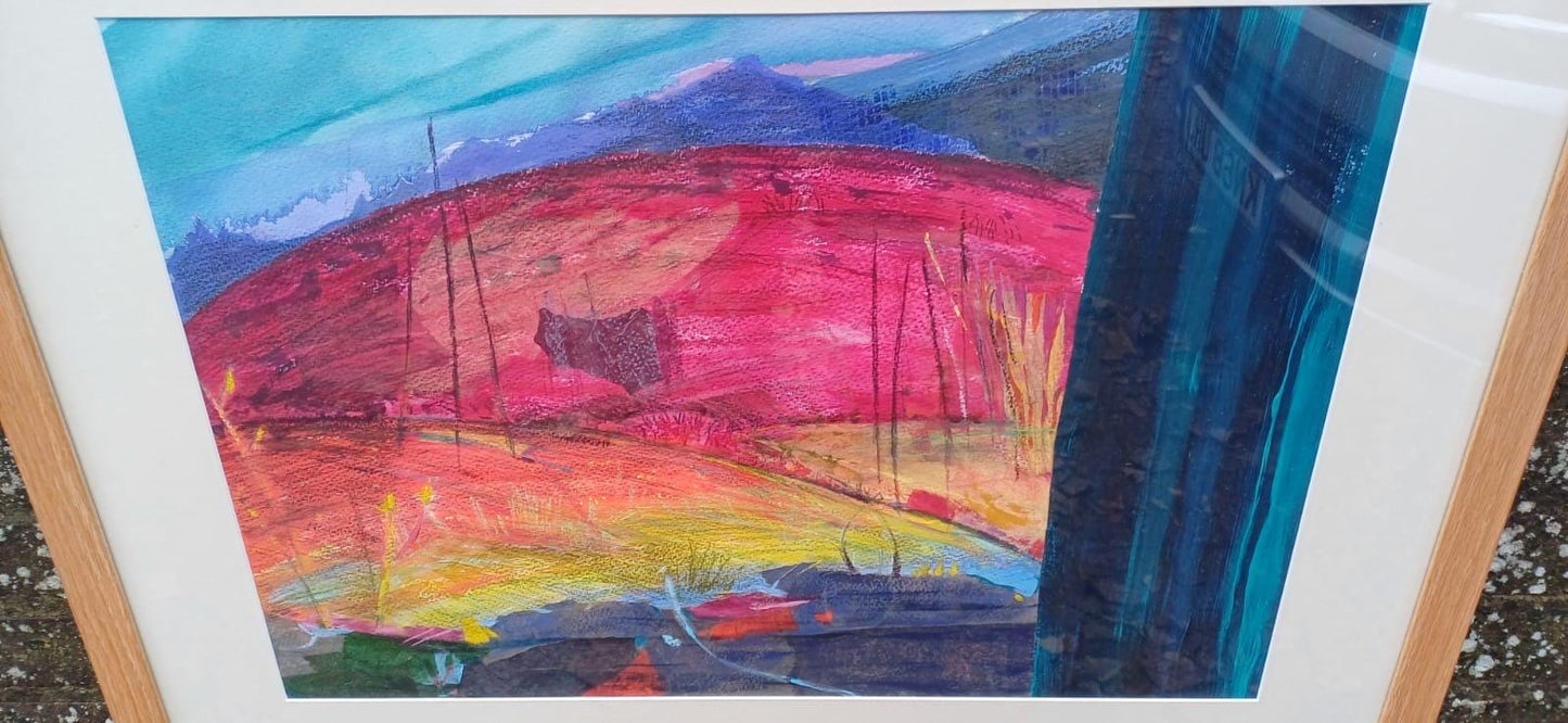 SUNSET Huge framed vintage original acrylic mixed media abstract painting by Dorothea Huntrods, signed