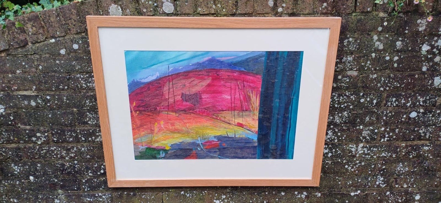 SUNSET Huge framed vintage original acrylic mixed media abstract painting by Dorothea Huntrods, signed