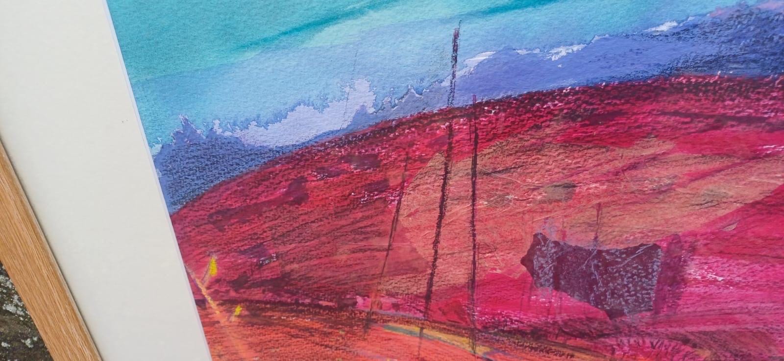 SUNSET Huge framed vintage original acrylic mixed media abstract painting by Dorothea Huntrods, signed