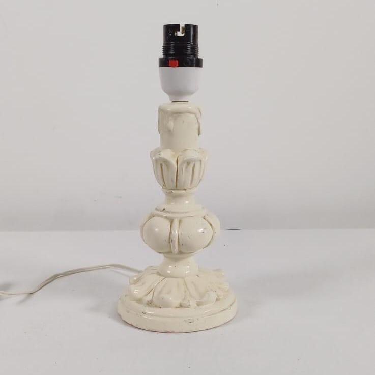 white painted carved wooden lamp. bedside table lamp. vintage and retro white painted table lamp