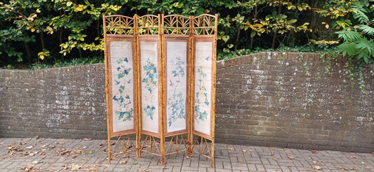 Superb Hand Painted Oriental Style Victorian Bamboo and Rattan Folding Vanity Screen Room Divider. Free Hand Delivery.