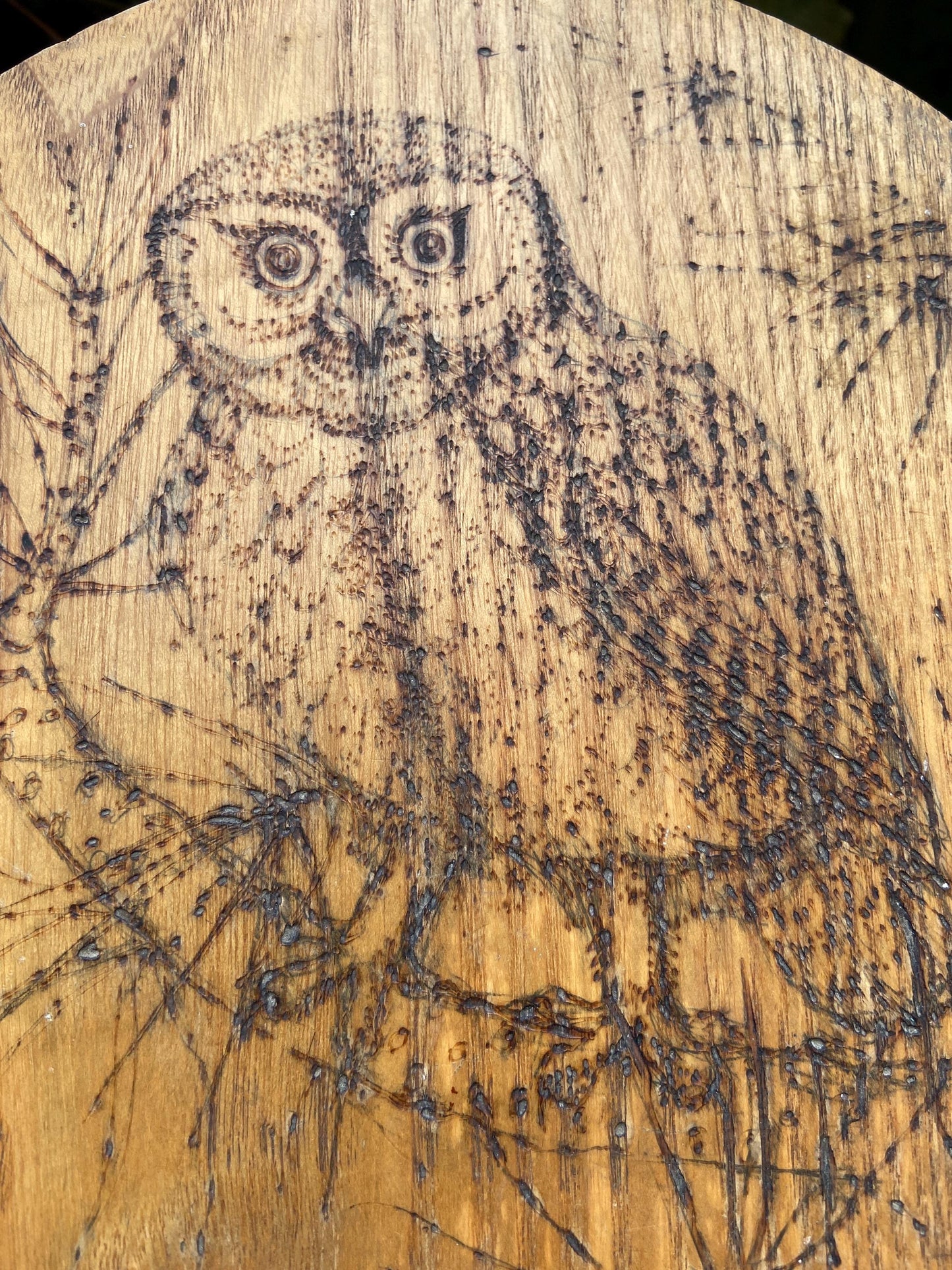 Vintage children’s milking stool with an engraved fairytale woodland owl on it