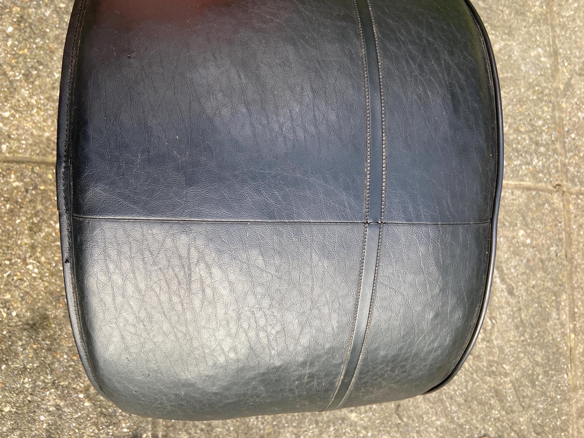 Retro Black Leatherette Pouffe, Leatherette Stool made by Sherborne, 1970s pouffe