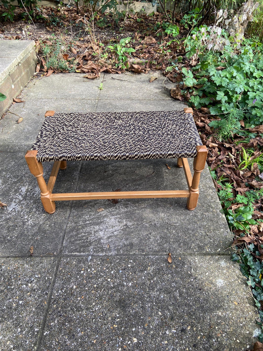 wide retro string stool. woven string stool. retro stool. black and white stool. wooden stool. footstool. foot stool.