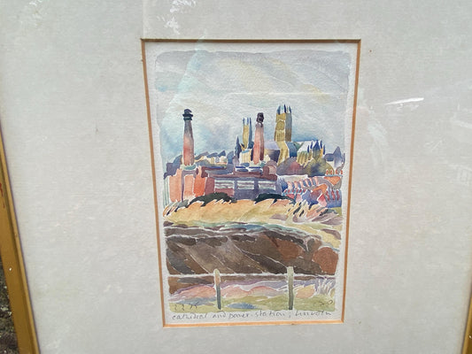 Original vintage watercolour painting of Lincoln, cathedral and power station - framed 38cm x 31cm
