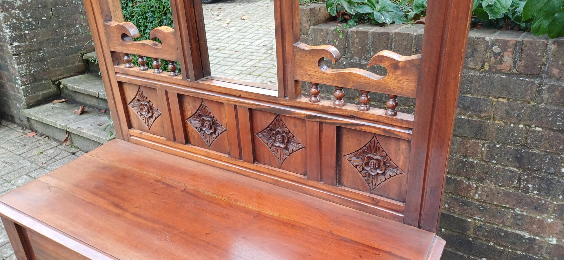 Vintage Victorian Style Solid Teak Hall Stand Entryway Stand Side Table Brass Features