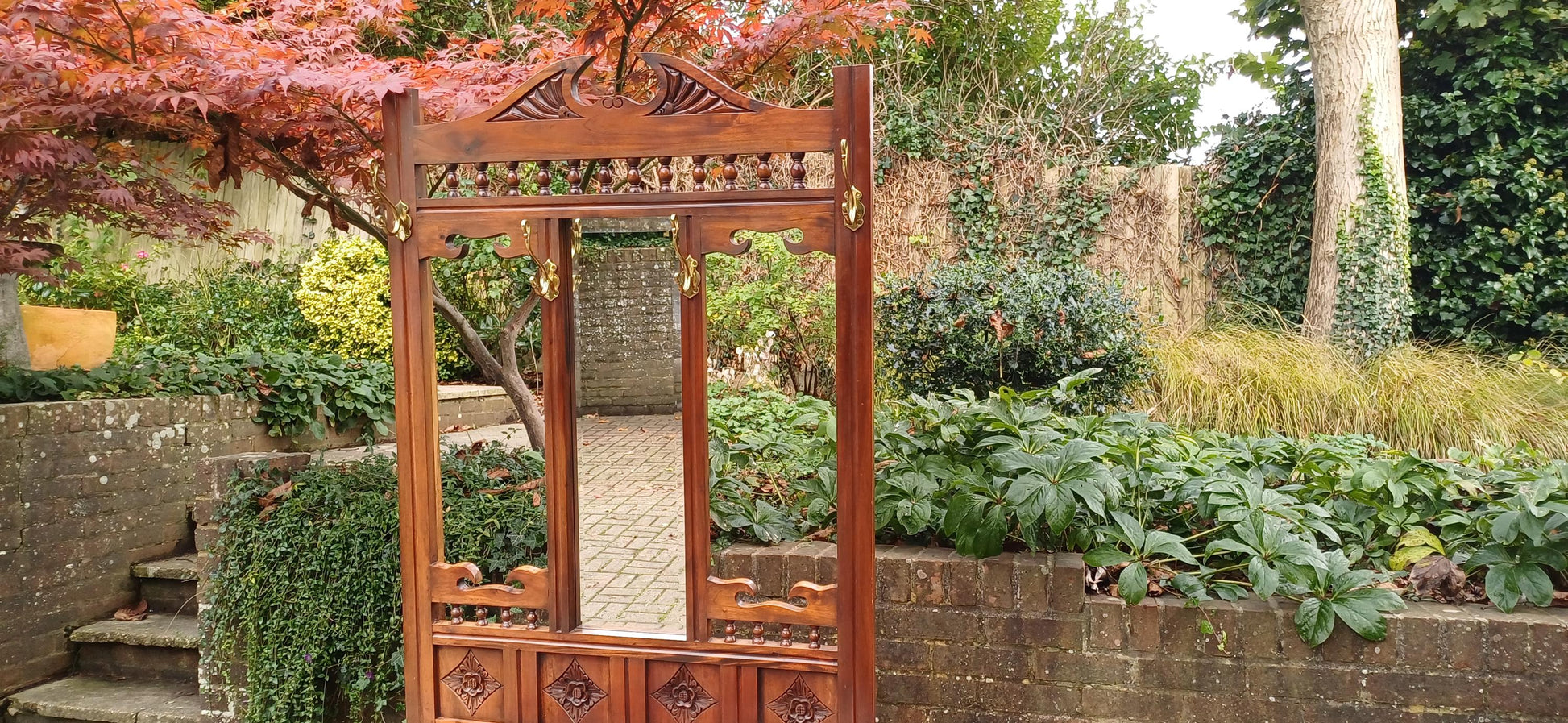 Vintage Victorian Style Solid Teak Hall Stand Entryway Stand Side Table Brass Features