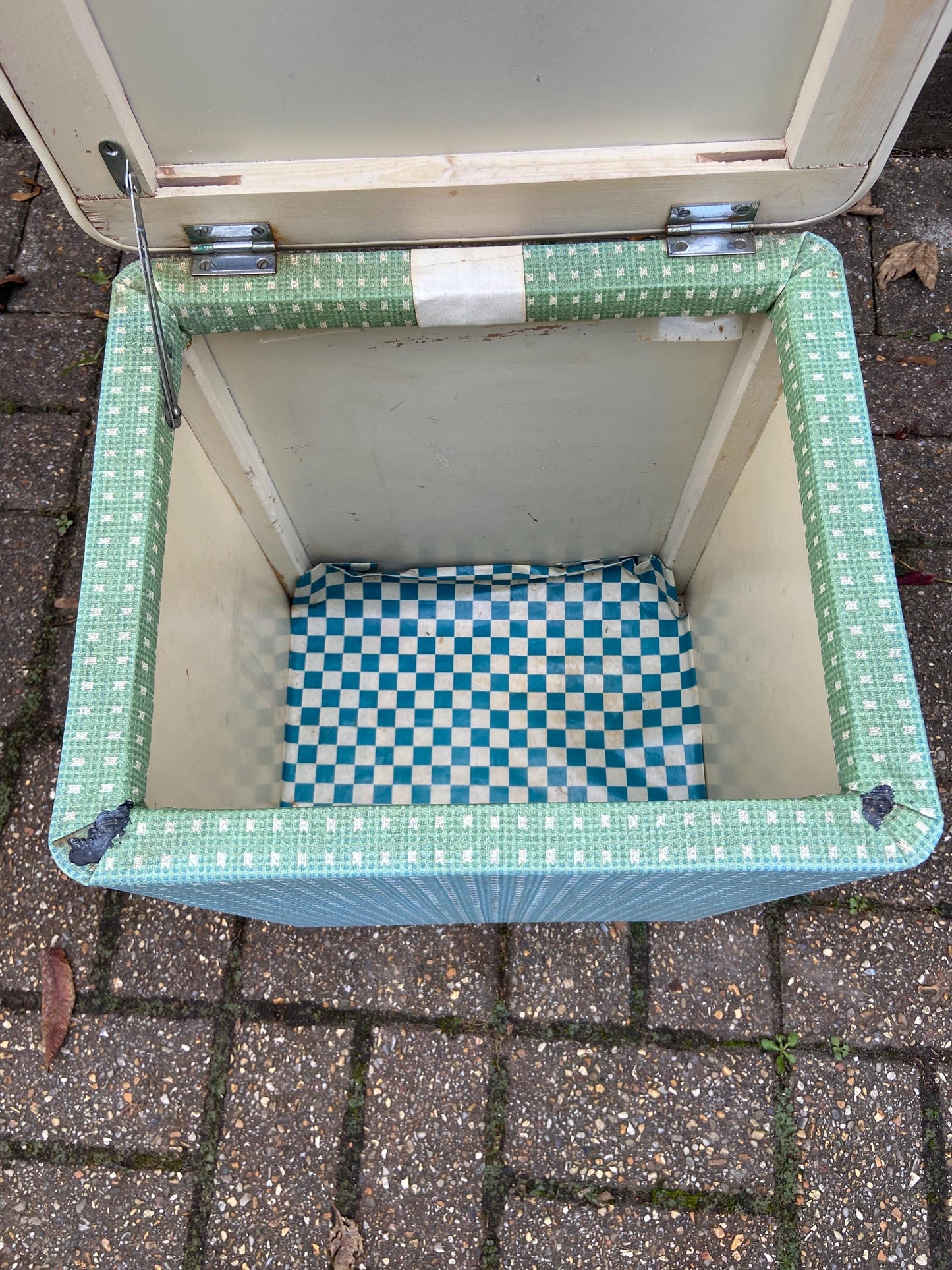 Mid century blue green plastic covered washing basket – fabulous vintage linen box, storage basket, laundry bin, vgc