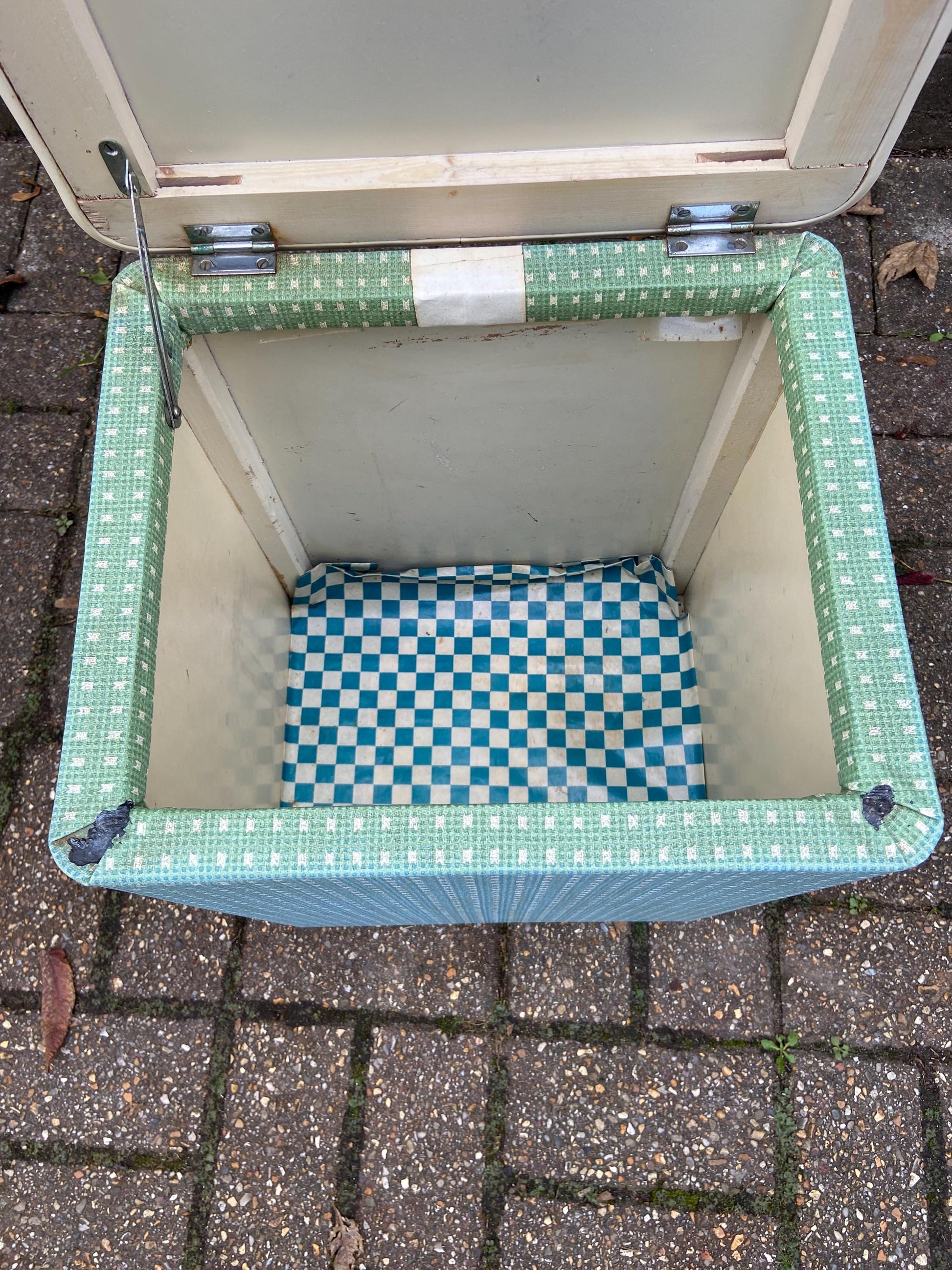 Mid century blue green plastic covered washing basket – fabulous vintage linen box, storage basket, laundry bin, vgc