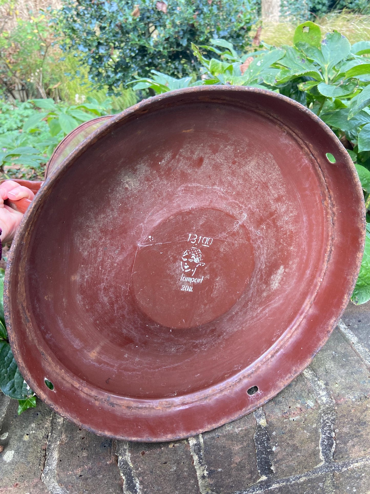 Super large metal vase or planter or bucket or storage stand. Original painted metal container from 1900s - possibly a milk container?