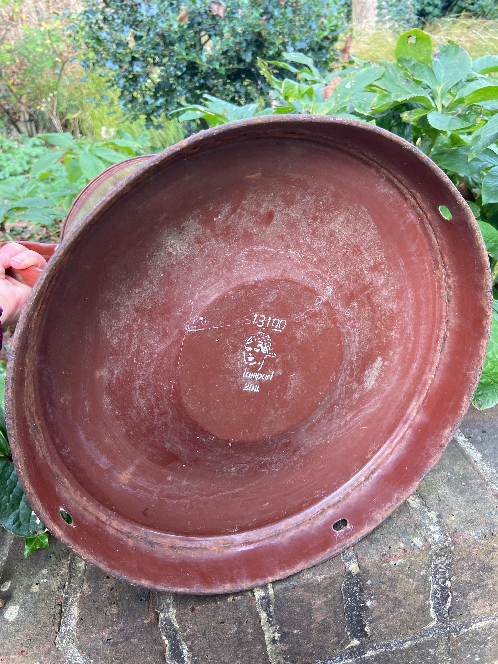 Super large metal vase or planter or bucket or storage stand. Original painted metal container from 1900s - possibly a milk container?