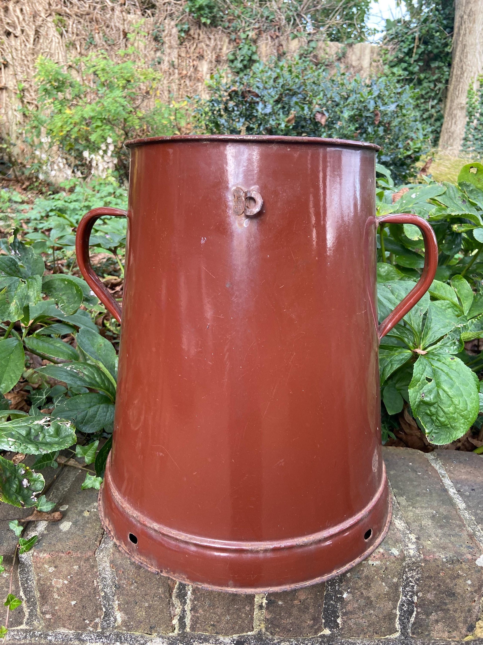 Super large metal vase or planter or bucket or storage stand. Original painted metal container from 1900s - possibly a milk container?