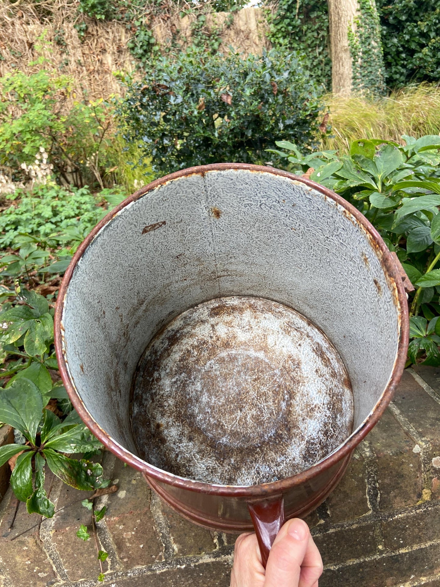 Super large metal vase or planter or bucket or storage stand. Original painted metal container from 1900s - possibly a milk container?