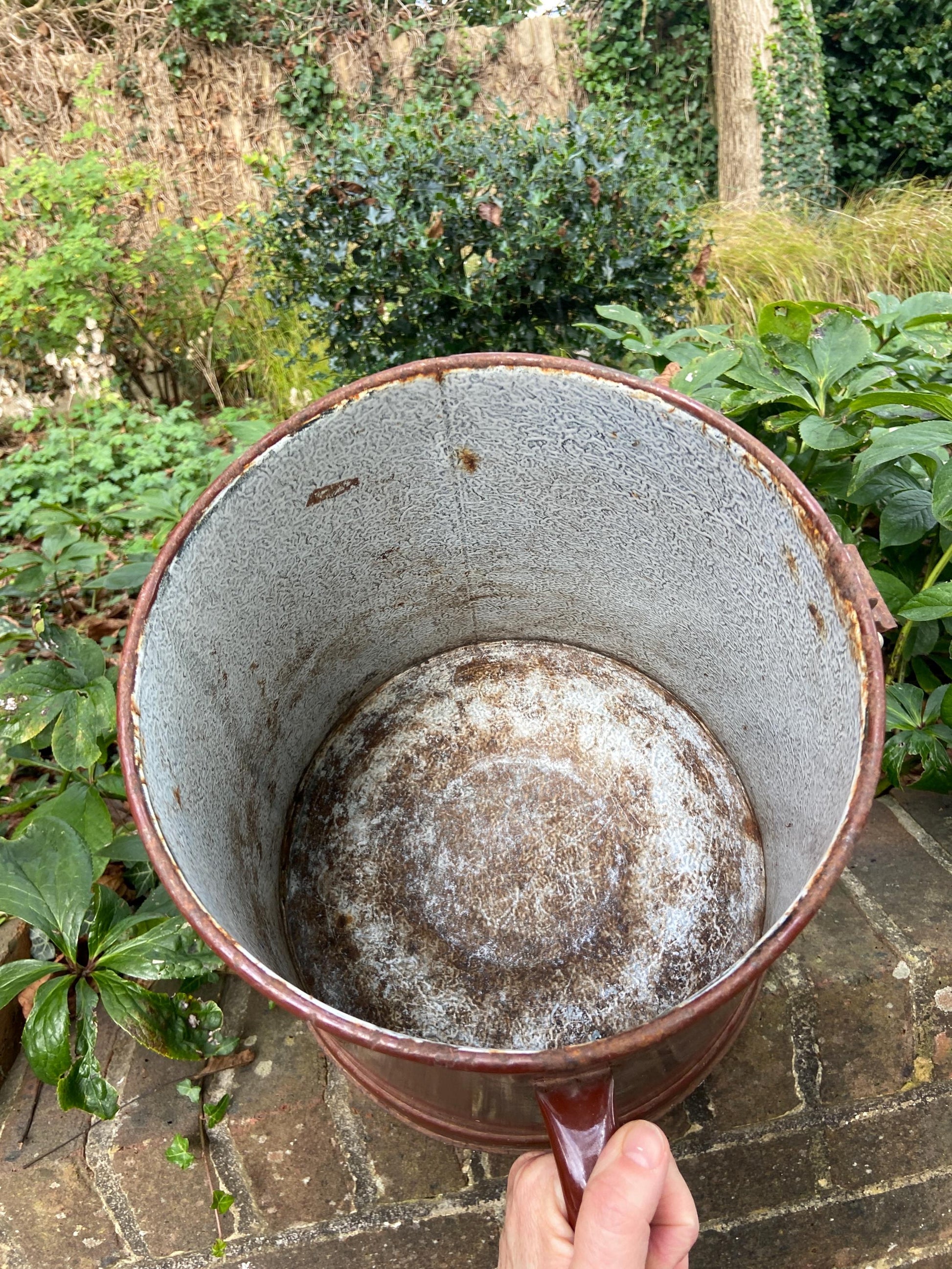 Super large metal vase or planter or bucket or storage stand. Original painted metal container from 1900s - possibly a milk container?