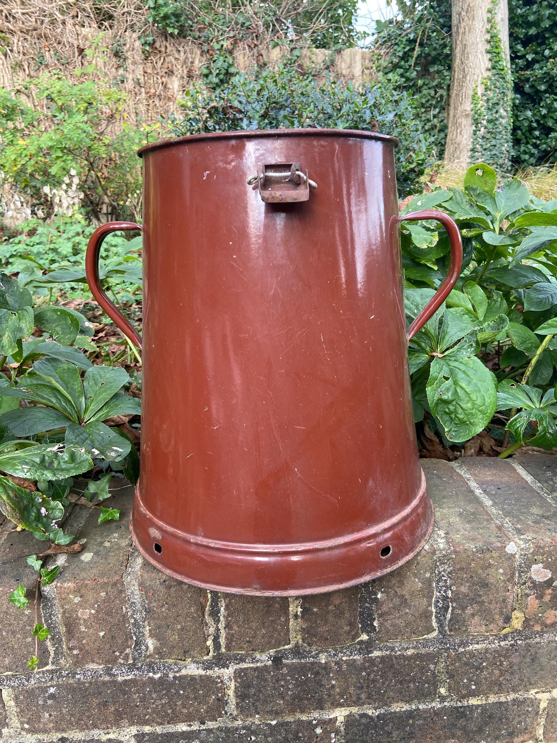 Super large metal vase or planter or bucket or storage stand. Original painted metal container from 1900s - possibly a milk container?