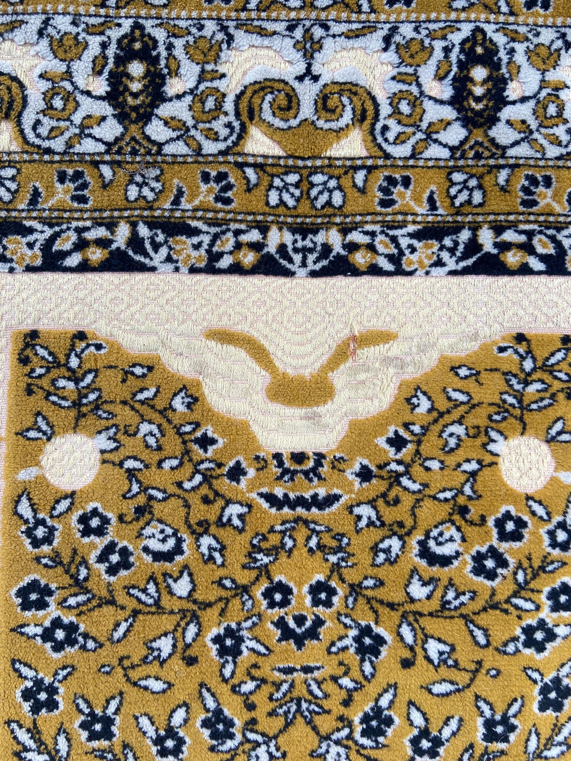 Vintage small woollen rug, Turkish prayer mat, mustard yellow, black and cream vintage wool rug (112cm x 68cm)