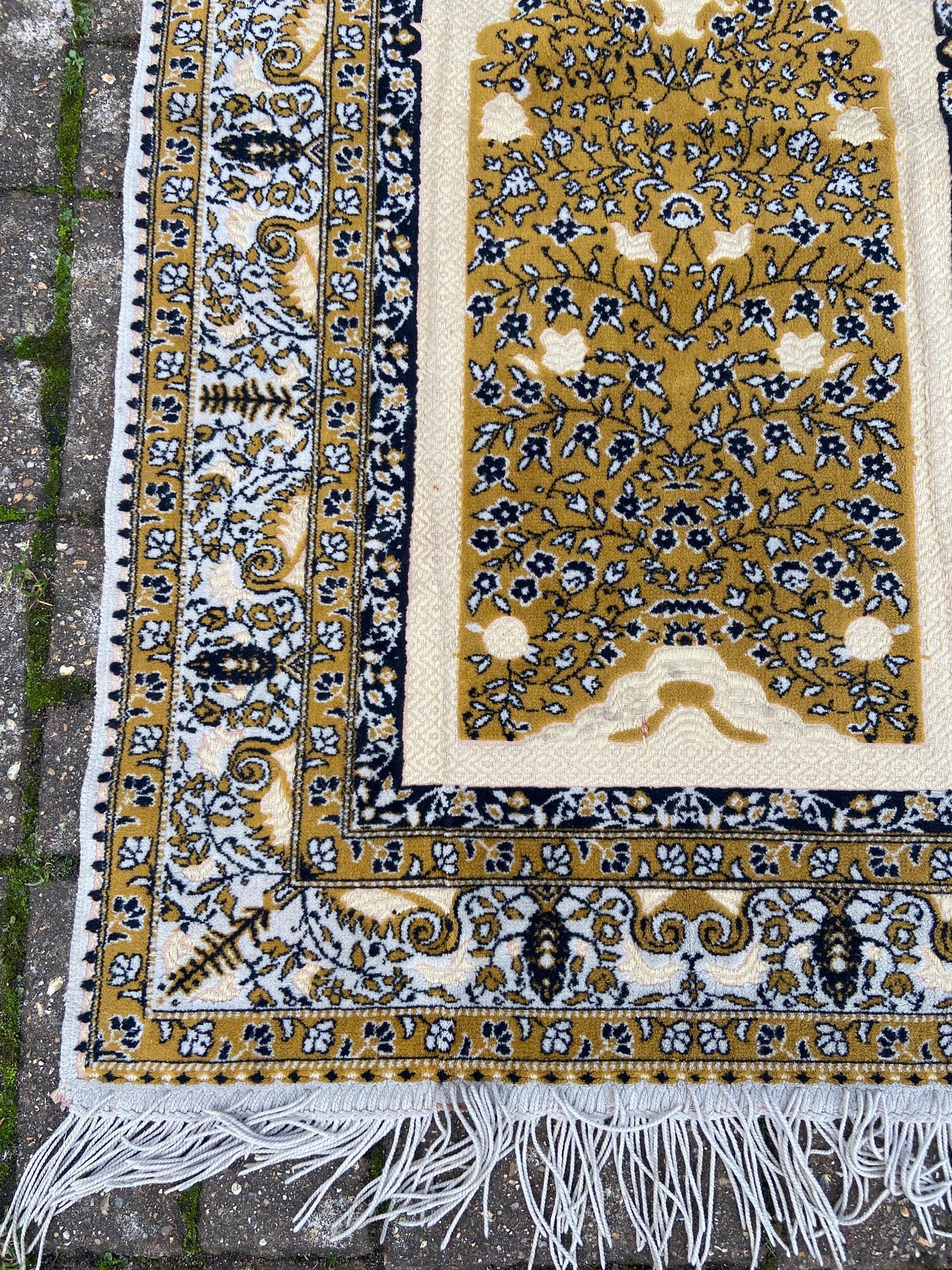 Vintage small woollen rug, Turkish prayer mat, mustard yellow, black and cream vintage wool rug (112cm x 68cm)