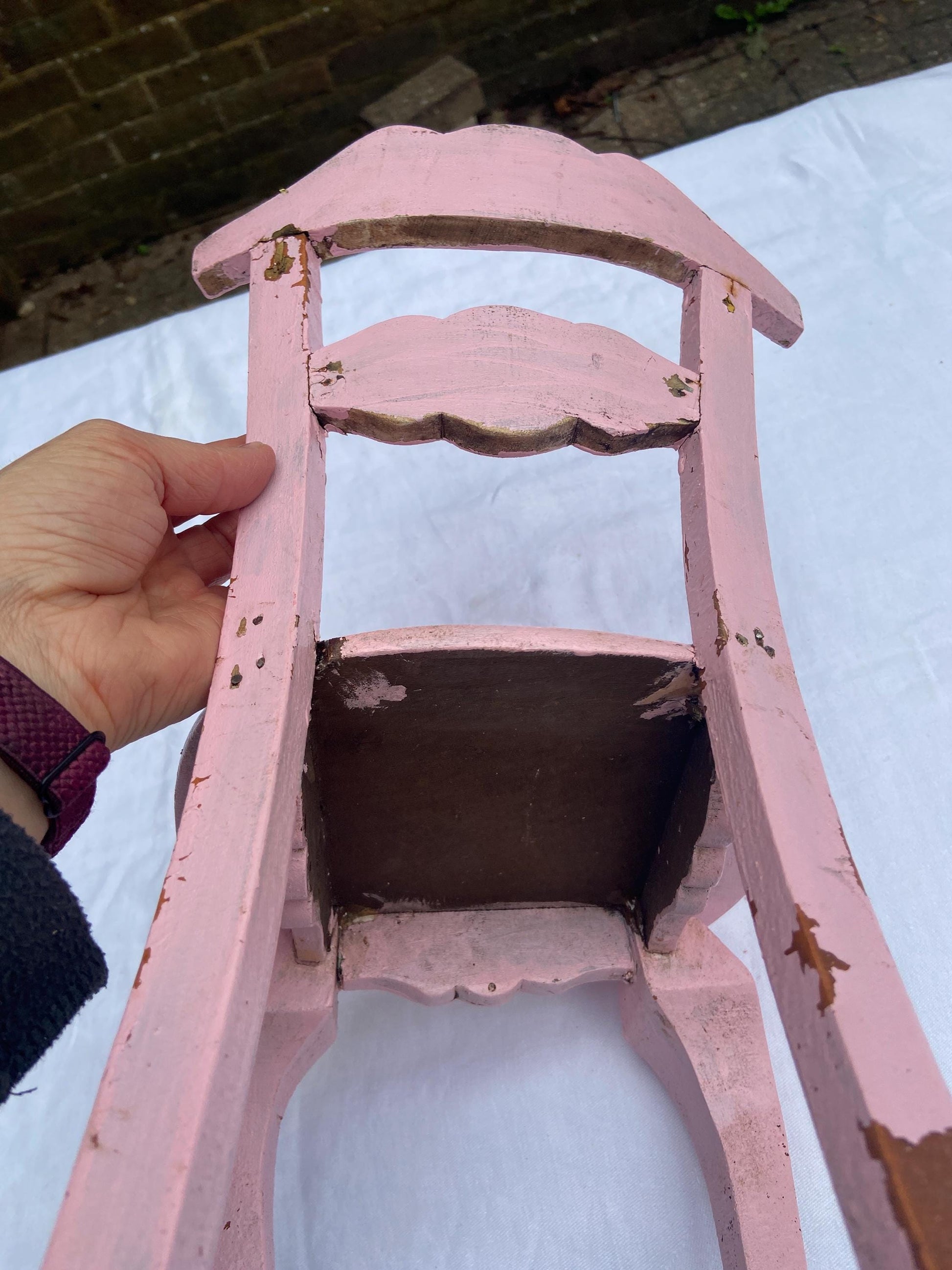 Doll's chair, vintage, upcycling project - pink wooden doll chair project