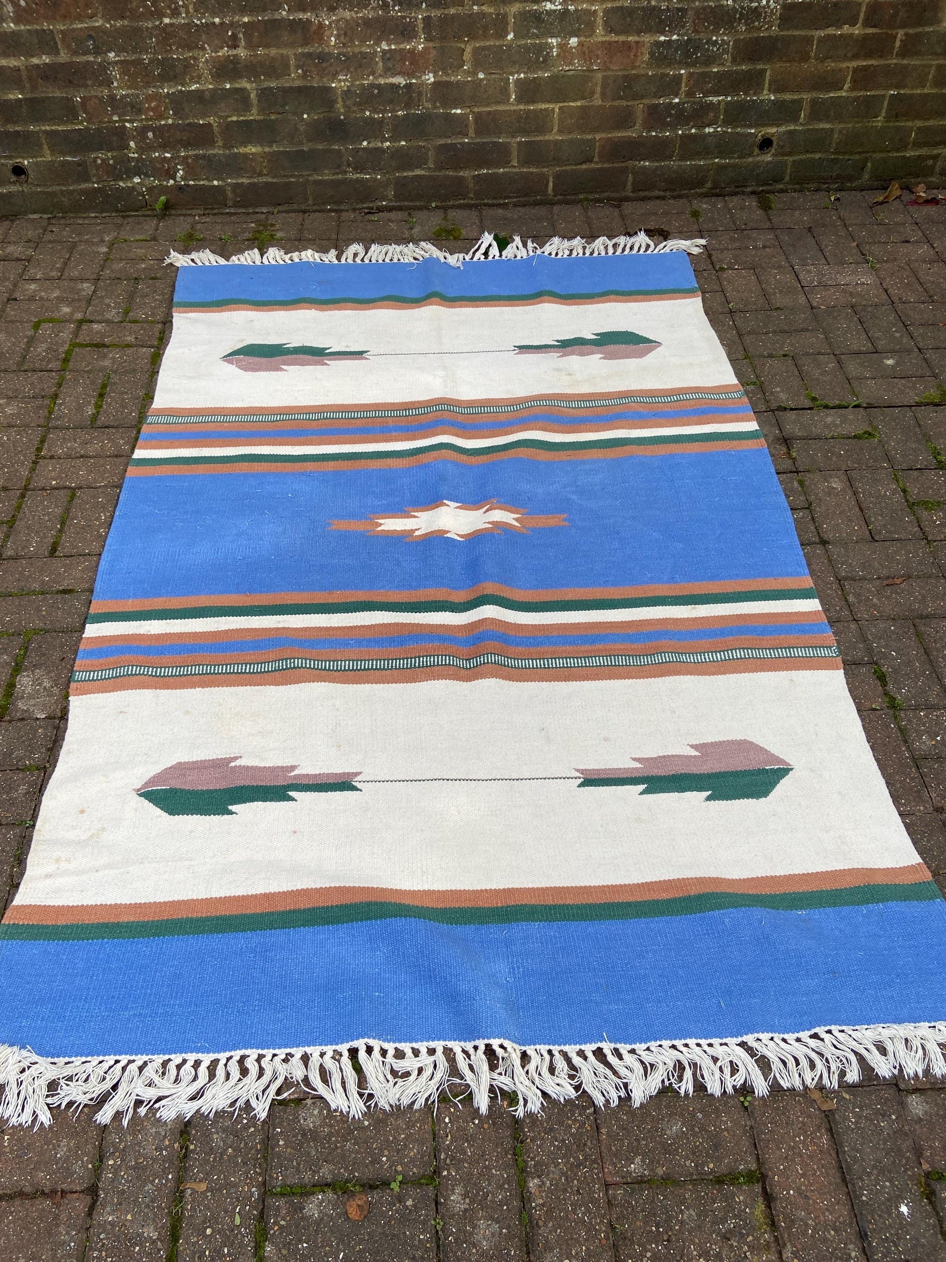 Vibrant Vintage Kilim Rug - 80" x 60" (203cm x 152cm) - blues, browns, creams