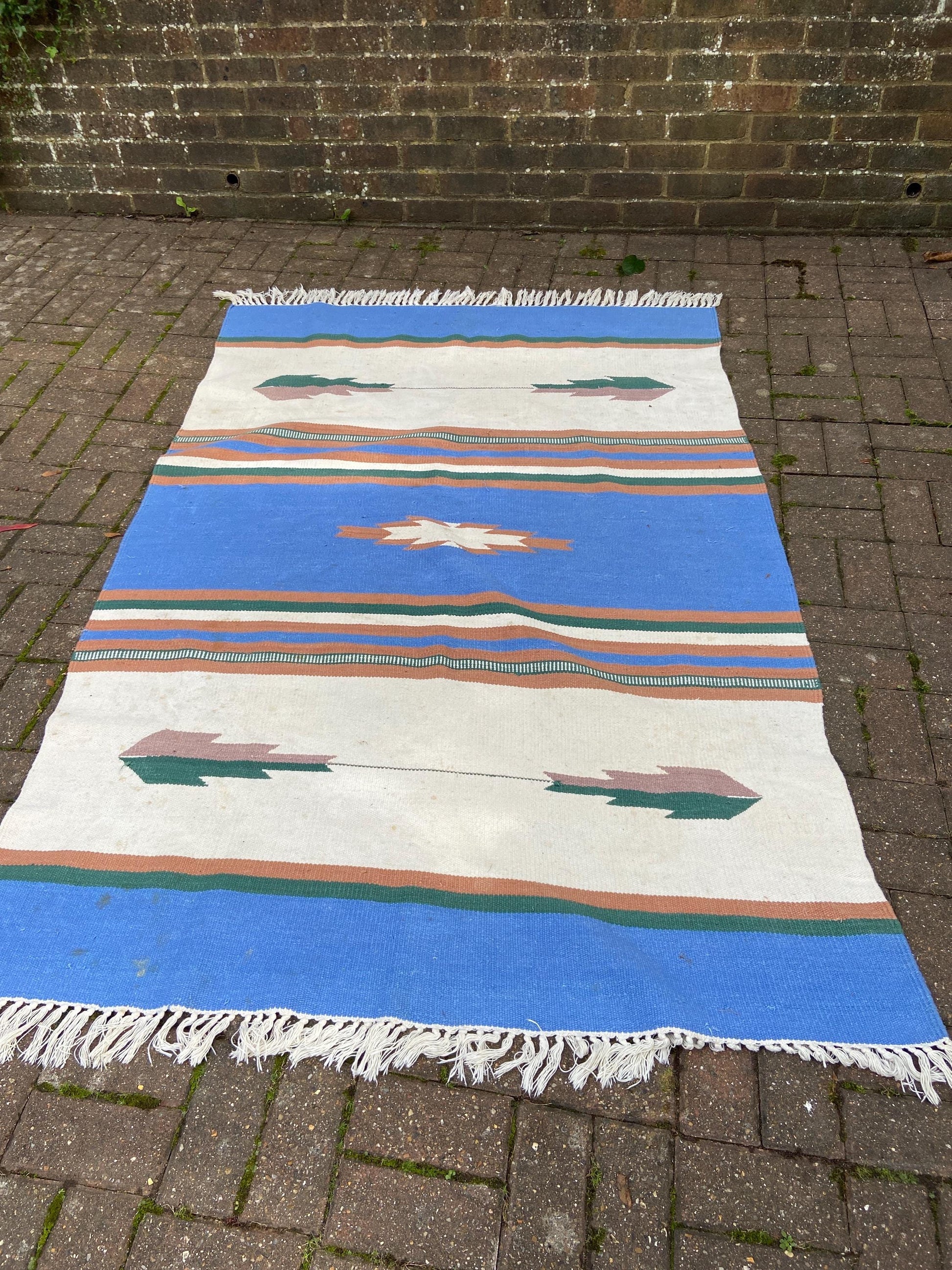 Vibrant Vintage Kilim Rug - 80" x 60" (203cm x 152cm) - blues, browns, creams