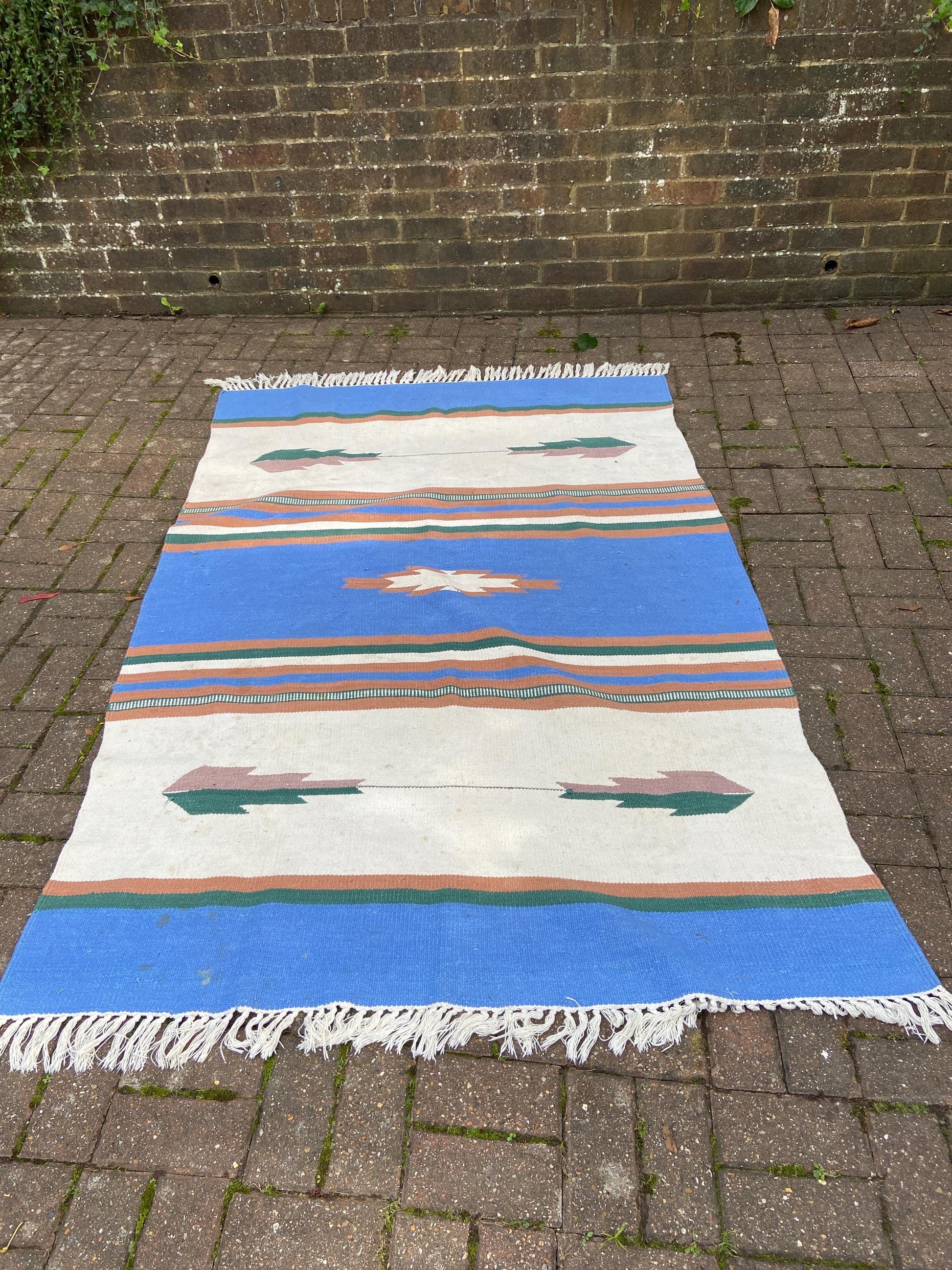 Vibrant Vintage Kilim Rug - 80" x 60" (203cm x 152cm) - blues, browns, creams