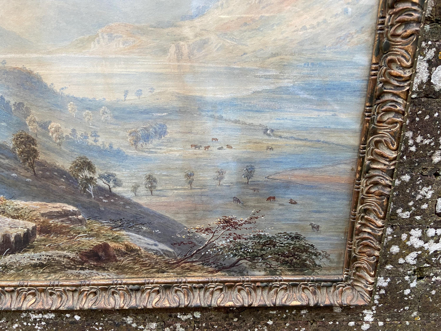 Antique watercolour of Welsh mountainside by R T J Chancellor, 1873 signed and dated, antique wooden gesso glazed frame