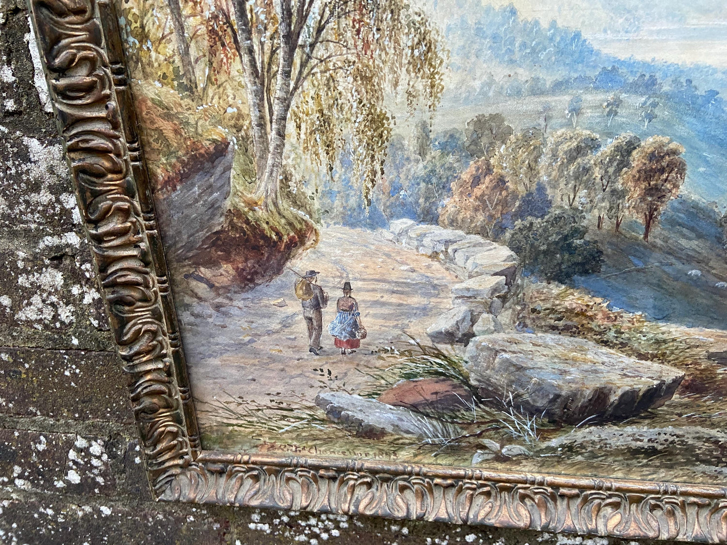 Antique watercolour of Welsh mountainside by R T J Chancellor, 1873 signed and dated, antique wooden gesso glazed frame