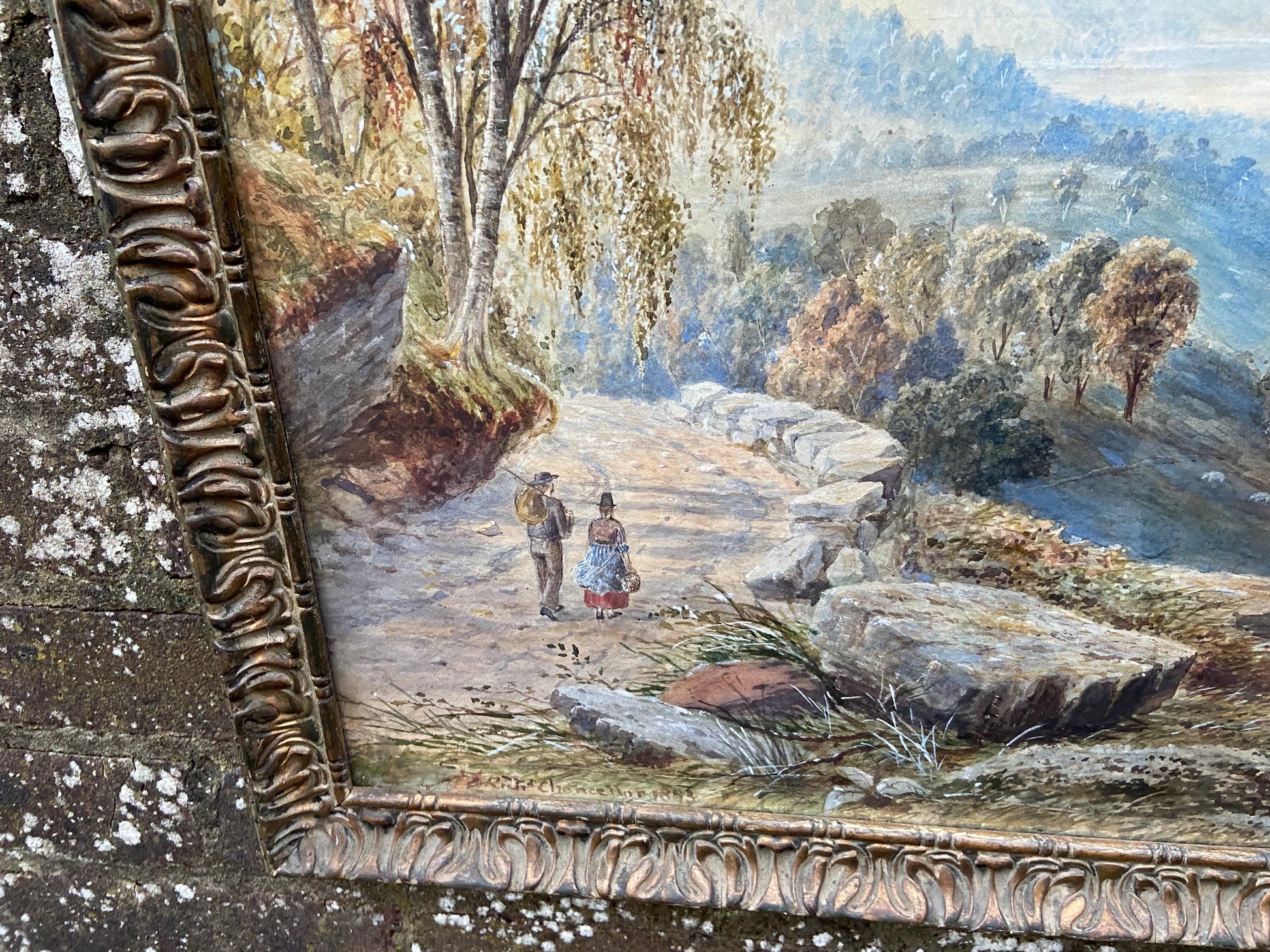 Antique watercolour of Welsh mountainside by R T J Chancellor, 1873 signed and dated, antique wooden gesso glazed frame