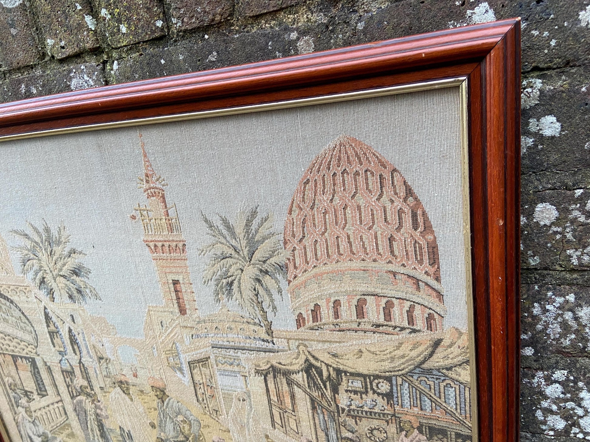 Tapestry vintage of North African Town scene, outstanding large needlework. 1930s tapestry in a 1990 glazed wooden frame (70cm x 54cm)
