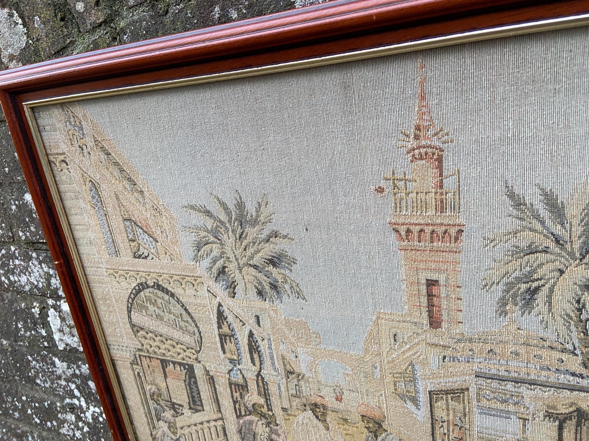 Tapestry vintage of North African Town scene, outstanding large needlework. 1930s tapestry in a 1990 glazed wooden frame (70cm x 54cm)