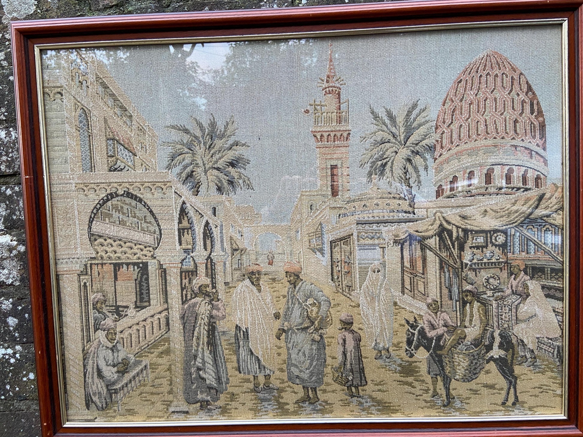 Tapestry vintage of North African Town scene, outstanding large needlework. 1930s tapestry in a 1990 glazed wooden frame (70cm x 54cm)